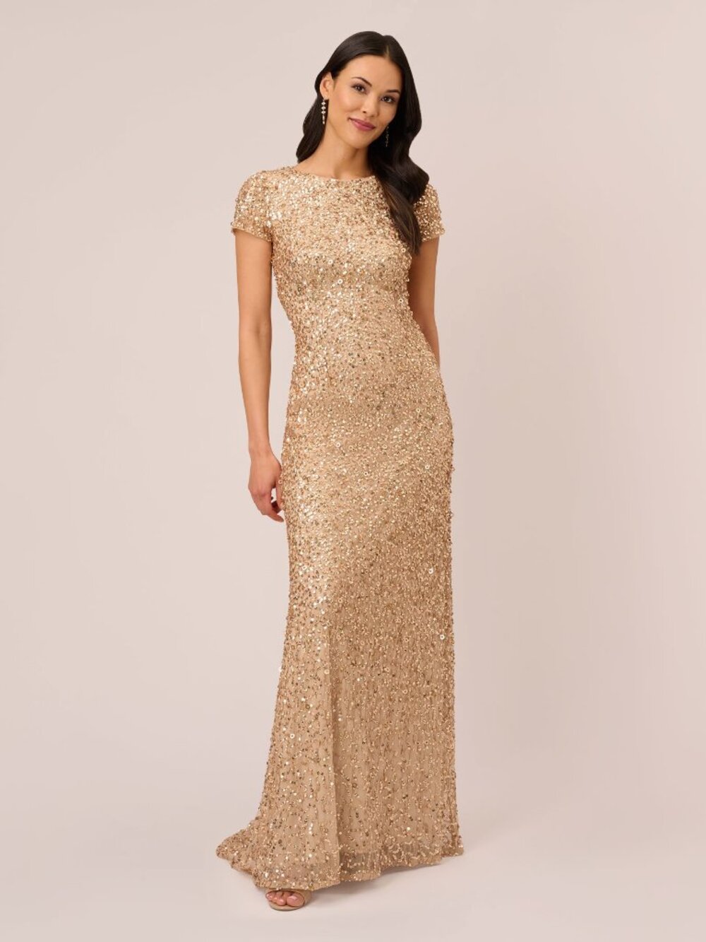 Adrianna Papell Champagne Gold Beaded Sequin Evening Gown Size 6